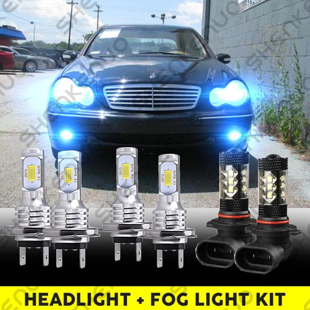 For Benz C240 C320 2001-2005 6X 8000K Front LED Headlight + Fog Light Bulbs Kit