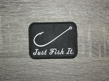 Just Fish It Funny Humor Fishing Hook Embroidered Iron On Patch 3" x 2.25"