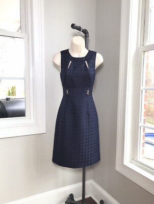 tahari dresses navy blue Tahari Sleeveless Navy Blue Houndstooth Sheath Dress ~ Women’s 2 WORN ONCE!