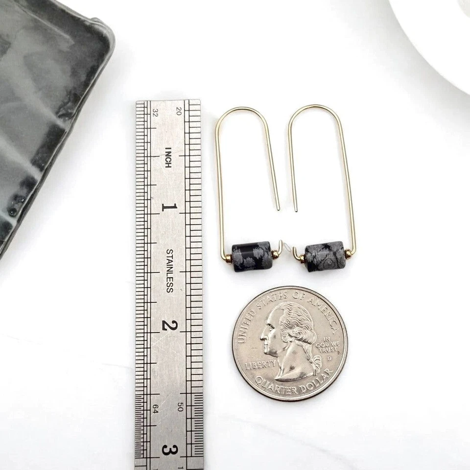Серьги-ниточки из золота 14 карат со снежинками обсидиан минимальный шик - Изображение 4 из 4