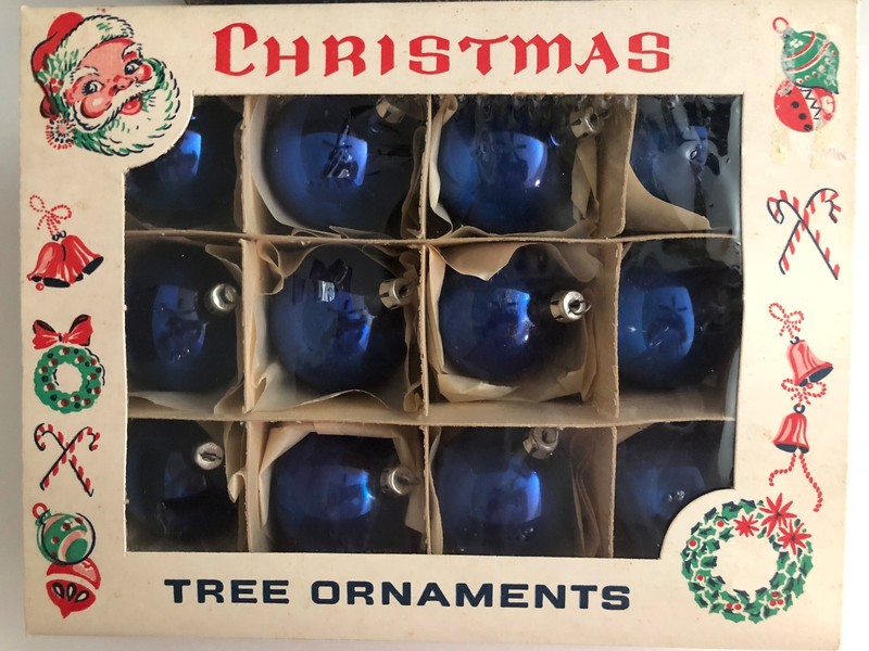 AWESOME 1940s Vintage FANTASIA Blown Glass Xmas Ornaments COBALT BLUE POLAND box