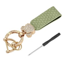 Car Key Chain Ring Clip 4.45" Leather Keychain Key Fob with D Ring, Green Gold