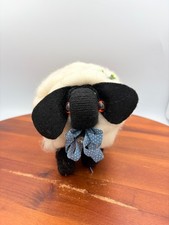 Vtg Wool Needle-Felted Folk Art White Sheep W/ Blue Polk-Dot Bow & Bell- R2C2J