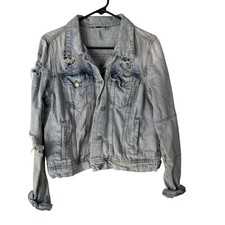 Free People Distressed Light Wash Denim Jacket Women's L Boho Festival Western