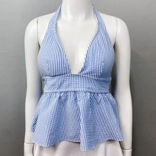 J.Crew Seersucker Striped Halter Peplum Swimsuit Tankini Size S Bikini Top Only