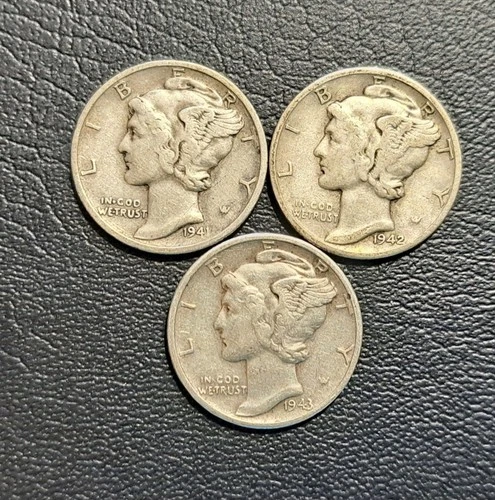 Lot Of 3, Mercury Dimes, 1941-S, 1942-D, 1943-P, 90% Silver, VF/XF