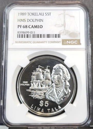 1989 TOKELAU SILVER 5 TALA HMS DOLPHIN NGC PF 68 CAMEO RARE TOP POP 1