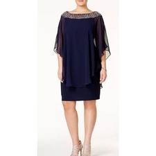 XSCAPE Embellished Chiffon Cape-Overlay Dress in Navy. Size 14 NWT