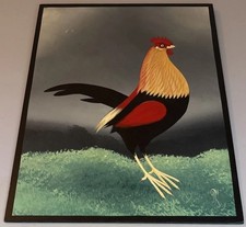 Vintage Paul Kitchin Rooster Painting Acrylic on Board Signed by Artist Folk Art