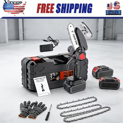 #ad 6quot; Electric Mini Chainsaw Cordless Saw Handheld w 21V Battery Chain Storage Box $14.72