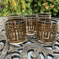 Mid Century Culver Greek Key Pattern Rocks Glasses in 22K Gold - Set of 5