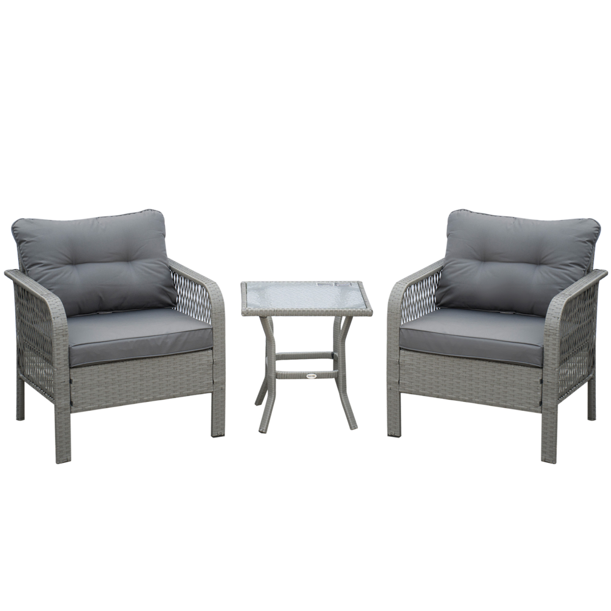 3 Pieces Patio PE Rattan Bistro Set w/ Armchairs Tempered Glass Table