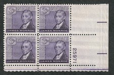 US #1105 James Monroe, Plate Block of 4, MNH Stamps