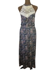 Ultra Flirt Dress Women’s Medium Boho Lace Paisley Long Halter Sleeveless Blue