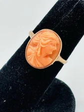 Antique 10k Gold Carved Salmon Pink Coral Cameo Ring