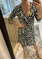 CHAPS Ralph Lauren Women Jersey Moc Wrap White Blue Neon Green Dress Stretch L