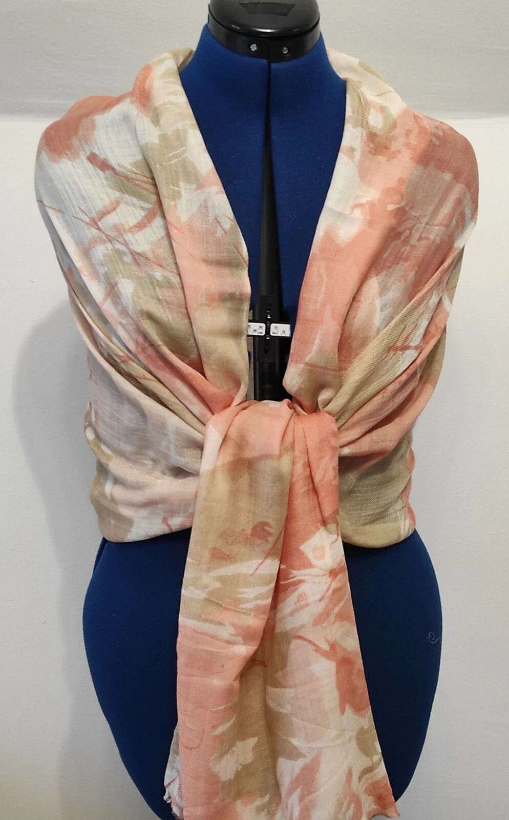 Cashmere and Silk Wrap in soft tones of salmon, sage and cream. 60cm x 180cm.