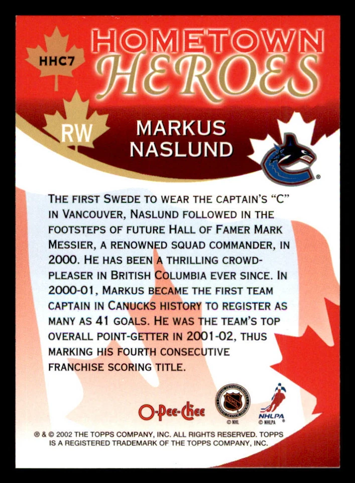 2002-03 O-Pee-Chee Hometown Heroes #HHC7 Markus Naslund - Image 2 of 2