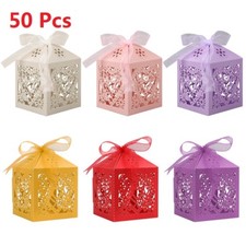 50Pcs Love Heart Laser Cut Candy Favor Gift Boxes W/Ribbon For Wedding Party
