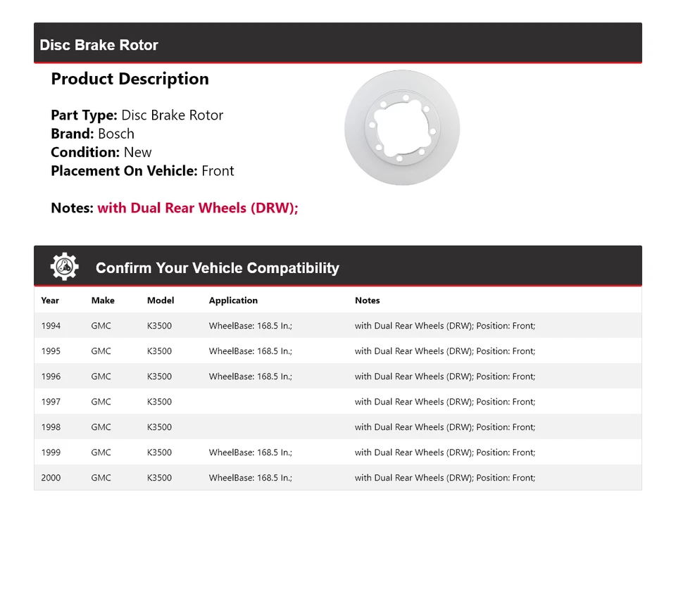 Rotor de freno de disco delantero para GMC K3500 1994-2000 Bosch QuietCast 1995 1996 1997 Foto 2 de 4