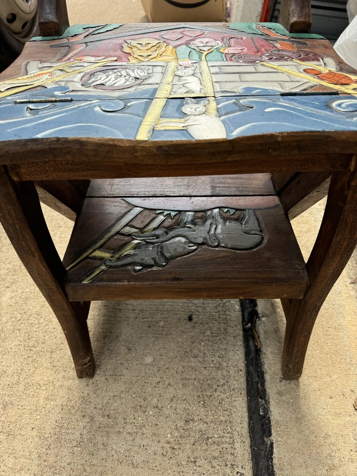 Silla metamórfica vintage temática del Arca de Noé arte popular escalera tallada a mano roble Foto 2 de 4