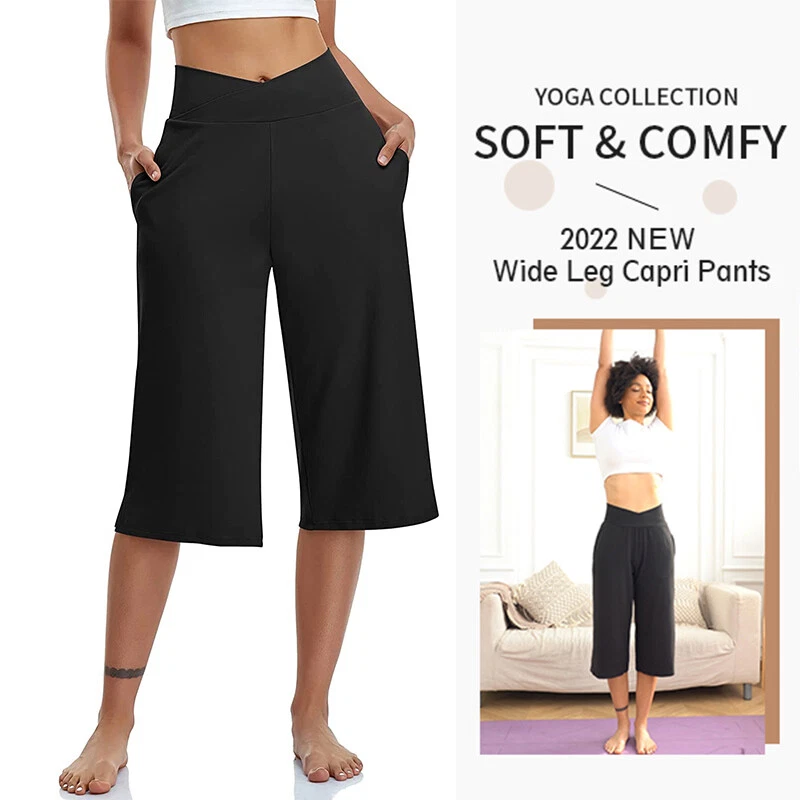 Women Capri Casual Loose Joggers Wide Leg Pants Pockets High Waist