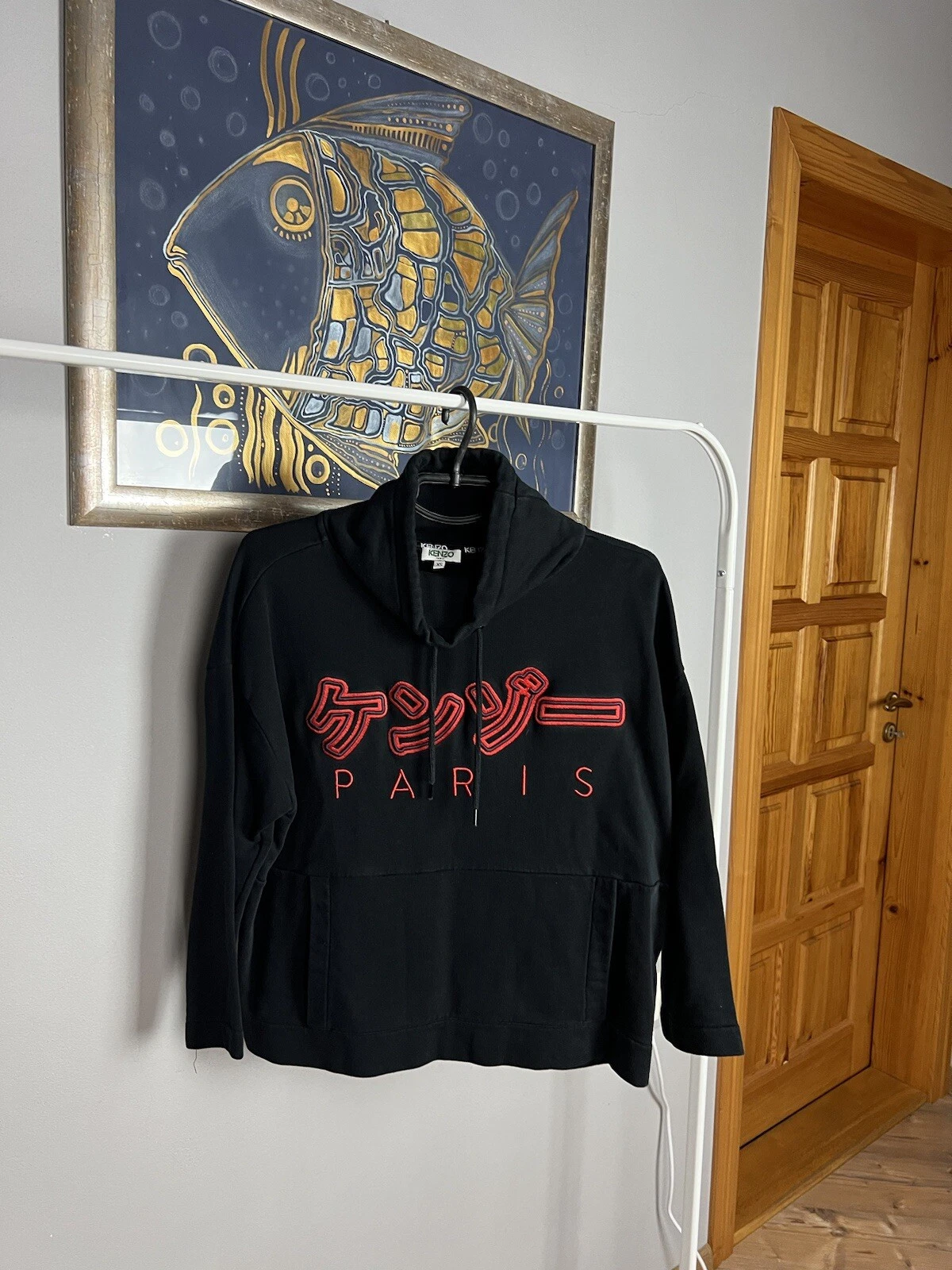 Felpa con cappuccio Kenzo Big Logo stile giapponese nera donna manica 3 4 taglia XS