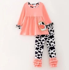 NEW Boutique Cow Chenille Patch Tunic & Ruffle Leggings Girls Outfit Set