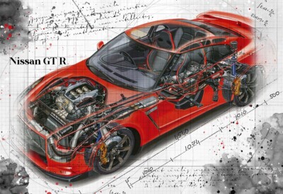 Line Tech Zeichnung Nissan GT R Auto Auto Classic Cutaway Kunst Poster Druck
