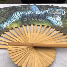 Vtg 70s Cloth Painting Bamboo Fan Decorative MCM Wall Hanging Art Tiger 35X60