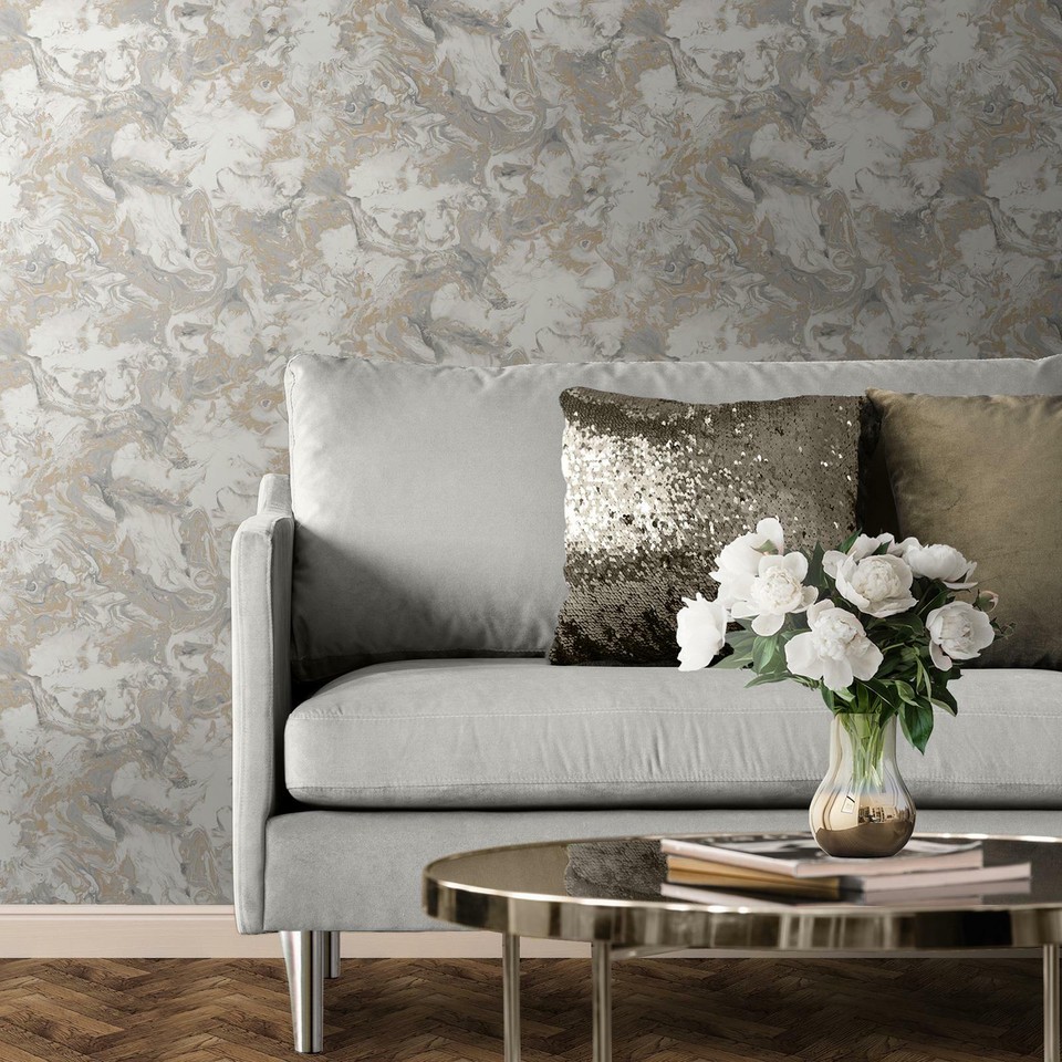 Muriva Elixir Liquid Marble Swirls Metallic Wallpaper Grey / Gold