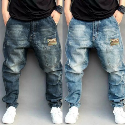 Men Pants Drop Crotch Distressed Denim Trousers Loose Harem Jeans Tapered Casual