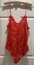 VTG Silky Teddy Lingerie Sheer Lace Ruffle High Cut Red Rosettes 1X FREE SHIP