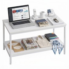 2 Tier Rectangle Wood Coffee Table with Open Shelf for Living Room White