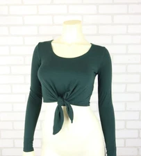 Babaton Aritzia Long Sleeve Front Tie Top Womens XS Crop Dark Green READ