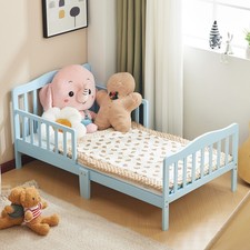 Blue painted pine wood toddler bed with side rails, 135 75 62.5cm