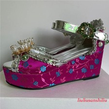 Women Platform Rhinestone Buckle Slingback Wedge Heel Sandals Pearl Shoes Floral