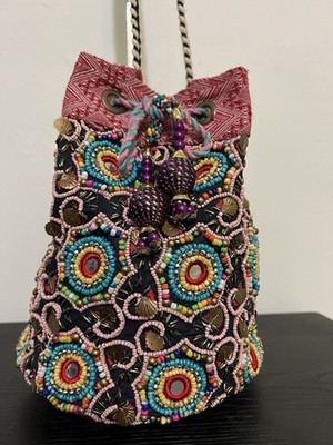 Handmade Beaded Drawstring Boho Bag with Colorful Embroidery