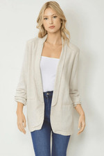 NWT Womens Entro Solid Blazer Jacket with Shirred Detail Sleeve in Oatmeal Sz S