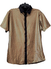 JOGAL Gold Black 70s Disco Shirt Shiny Metallic Button Short Sleeve Stretch S