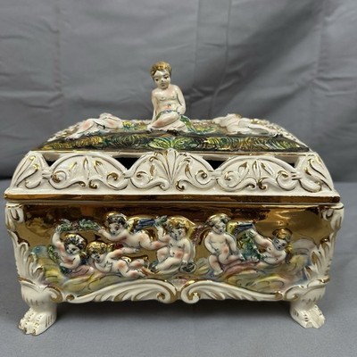 Vintage Capodimonte Porcelain Box Cherubs Angels France Rococo Baroque READ