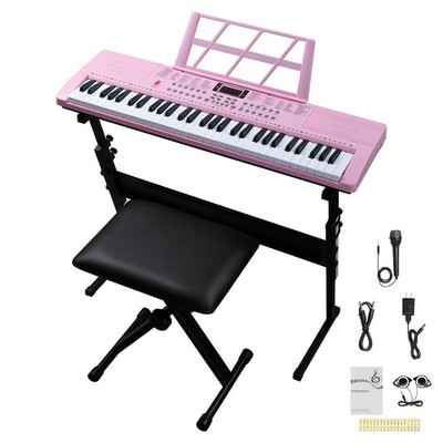 Elektrokeyboard mit 61 Tasten 200 Rhythmen  Stativ Bank und Mikrofon Rosa