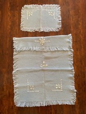 Vintage Unisex Waffle Baby Blue Blanket  Pillow Case, Fringe Satin Ribbon