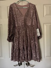 Eliza J Mauve Sequin Short A-Line V-Neck Balloon Long Sleeve Dress Size 12 NWT