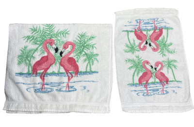 NWOT Vtg RA Briggs Hand & Bath Towel MCM Pink Flamingo Print VGUC