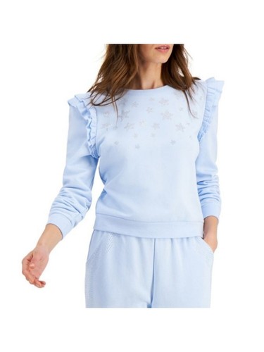 INC Womens Light Blue Embellished Ruffled Sweatshirt Size: M