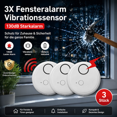 3x Fensteralarm Vibrationsalarm Sensor/Empfindlichkeit,130dB,Diebstahlschutz