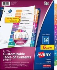 Avery  12 Tab Dividers for 3 Ring Binders, Customizable Table of Contents, Multi