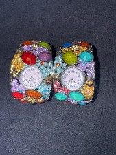 Vintage Watch Colorful Rhinestone Bracelet Cuff Multi Colored Stretch Adjustable
