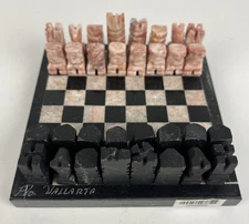 Hand Carved Stone Aztec Chess Set Travel Board Pink Black Signed Pto Vallarta